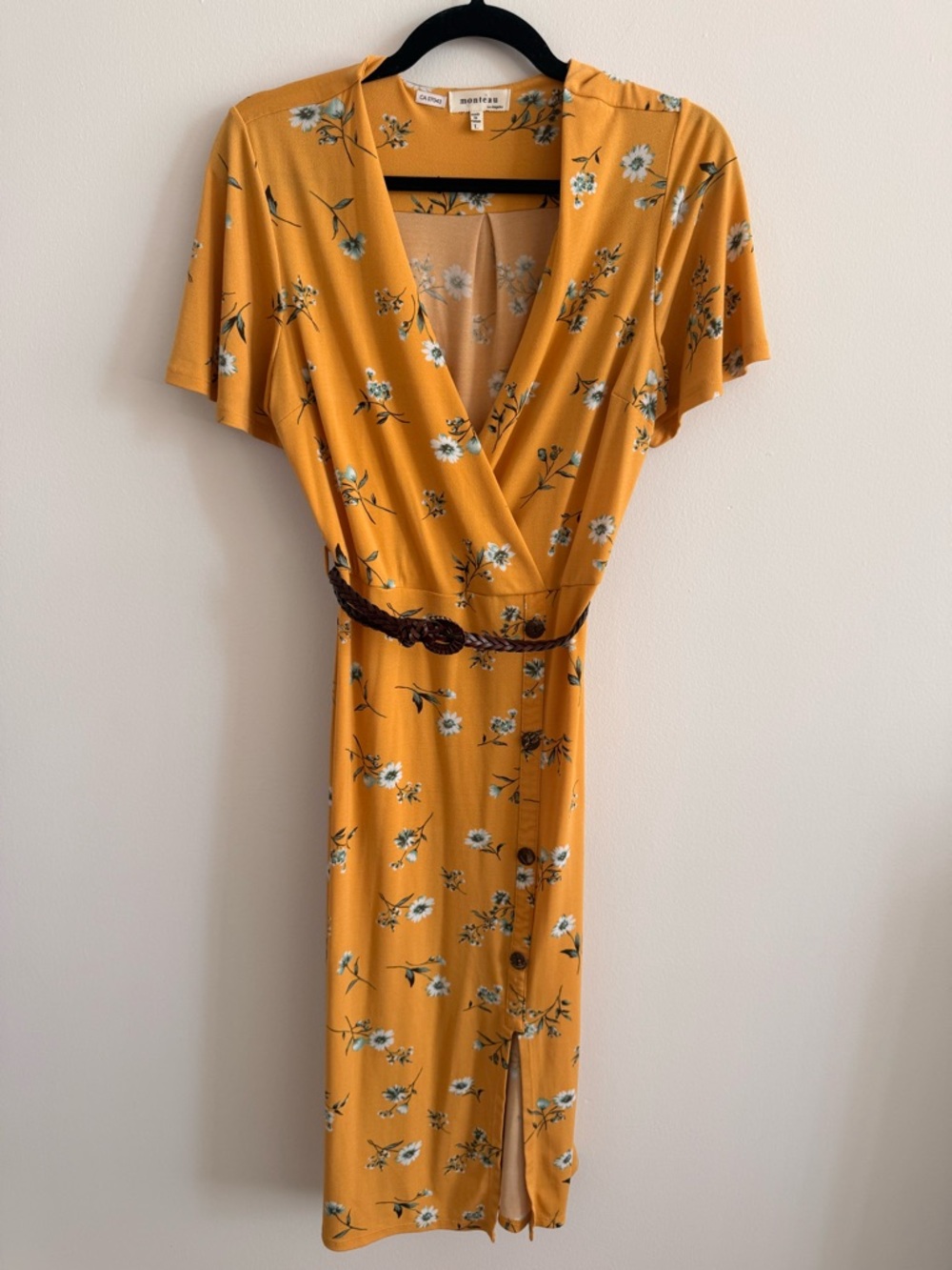 Monteau Mustard Floral Wrap-Style Midi Dress